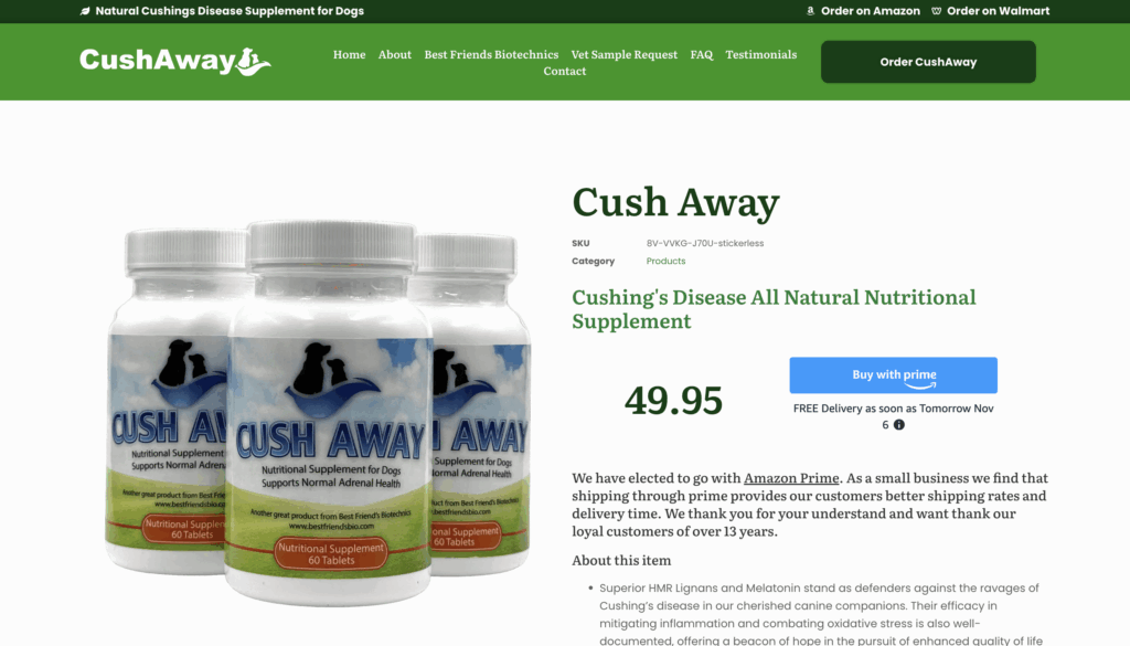 CushAway Cushing's Disease supplement for dogs. Supports normal adrenal health, 60 tablets.