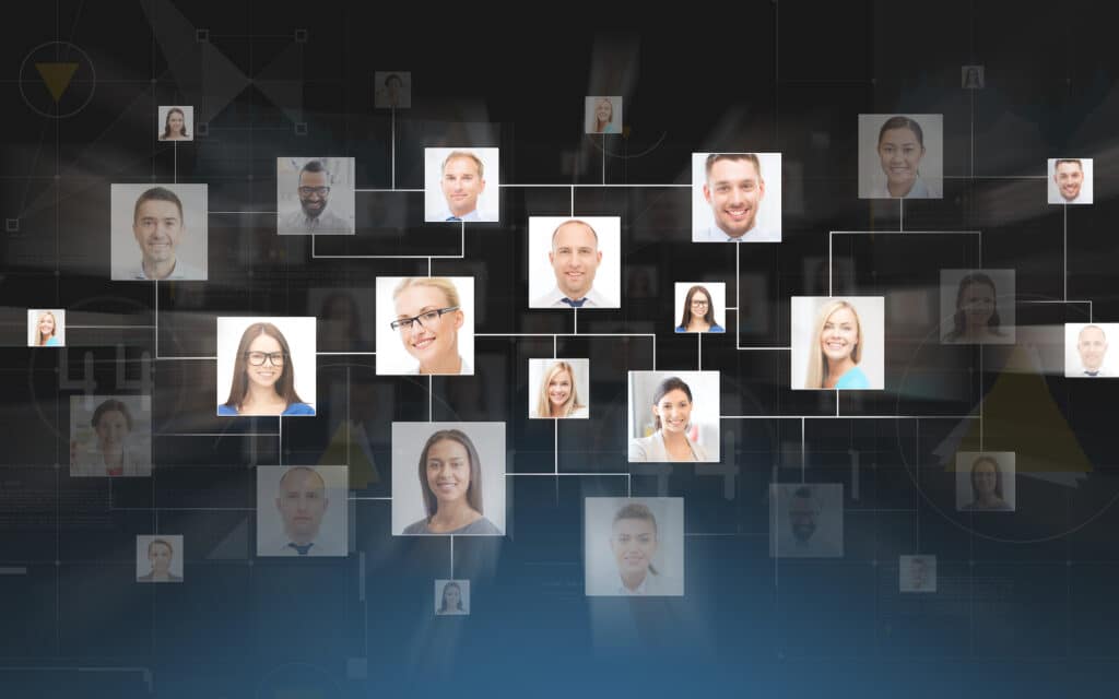 Connected network of diverse professionals. People networking, business connections, team collaboration concept.