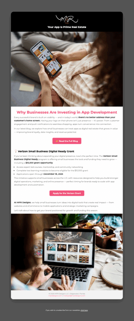 Email showcasing app development benefits for small businesses, featuring Verizon grant info.