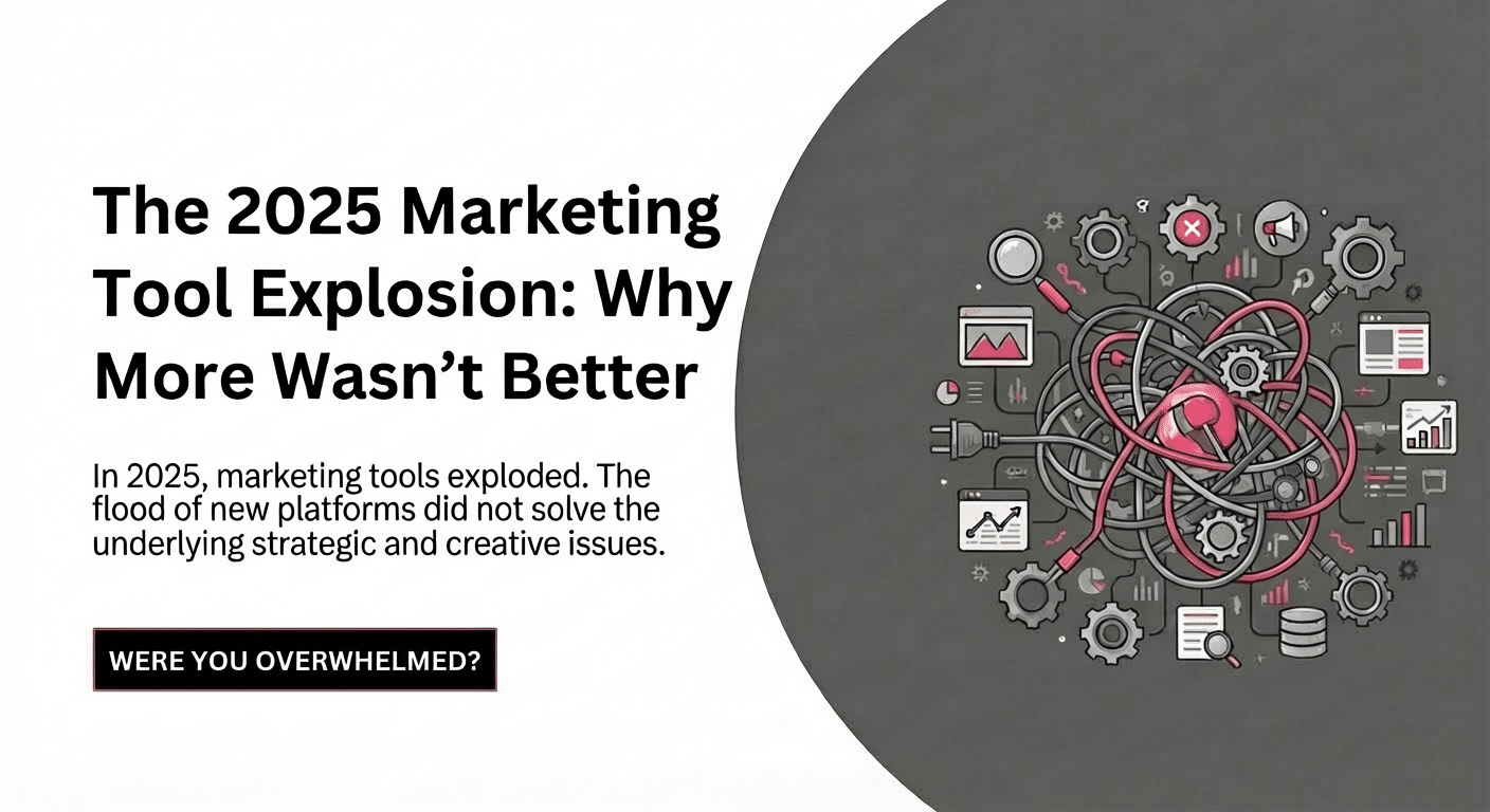 2025 marketing tool explosion concept. Text: "The 2025 Marketing Tool Explosion: Why More Wasn't Better.