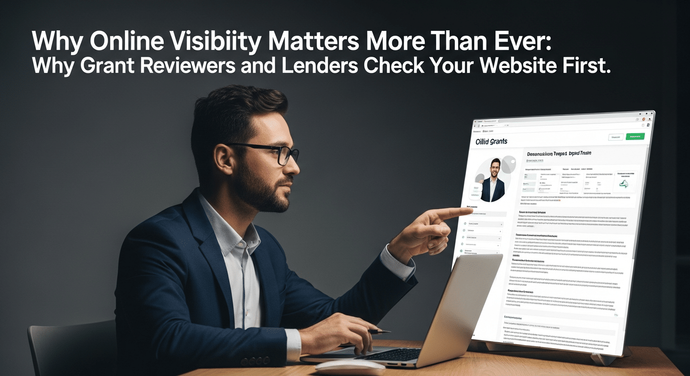 Man reviewing Grants website on laptop, online visibility matters.