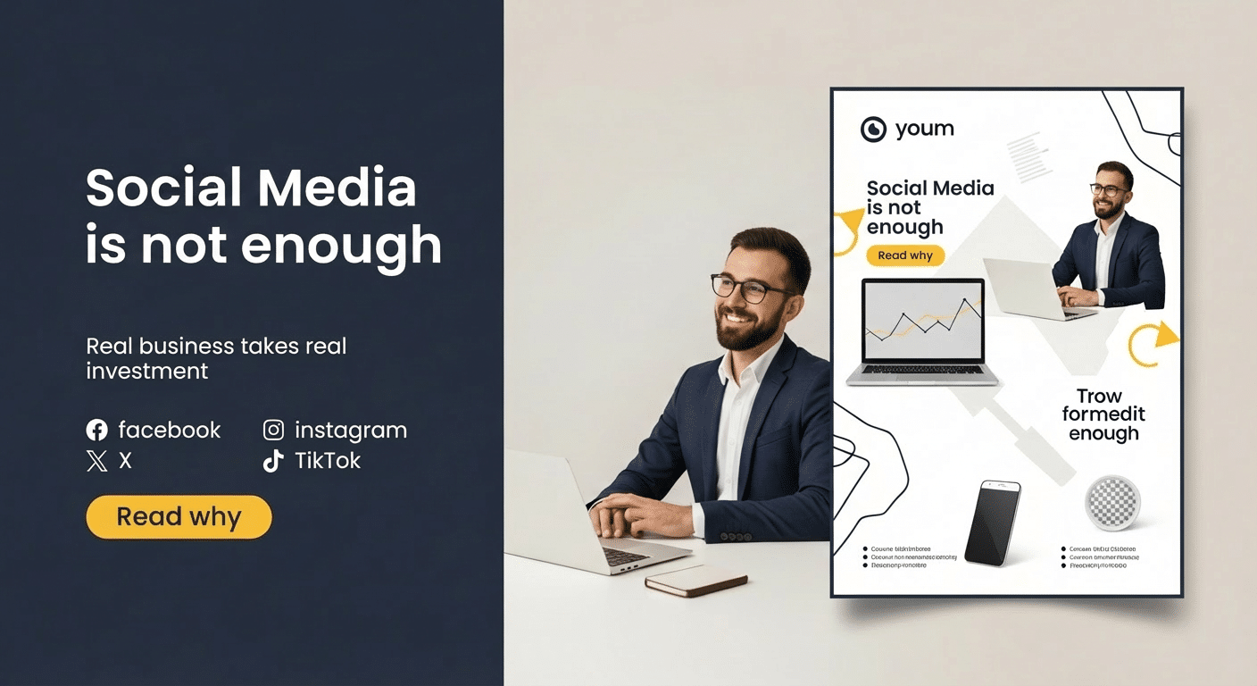 Social media marketing ad: Man at laptop. Text: "Social Media is not enough.