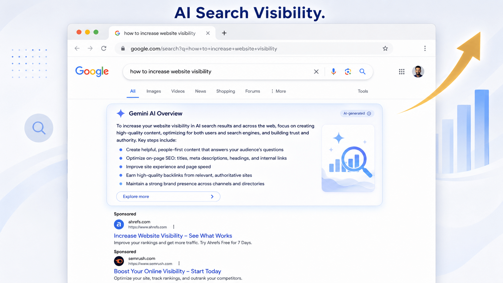 Google search results showing AI overview for "how to increase website visibility